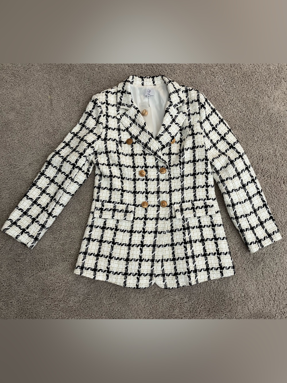NWT PLM Nordstrom Rack Ivory Black Plaid Tweed Blazer Gold Buttons